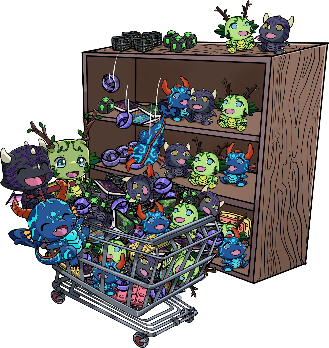Tiny dragons shopping for plush toys