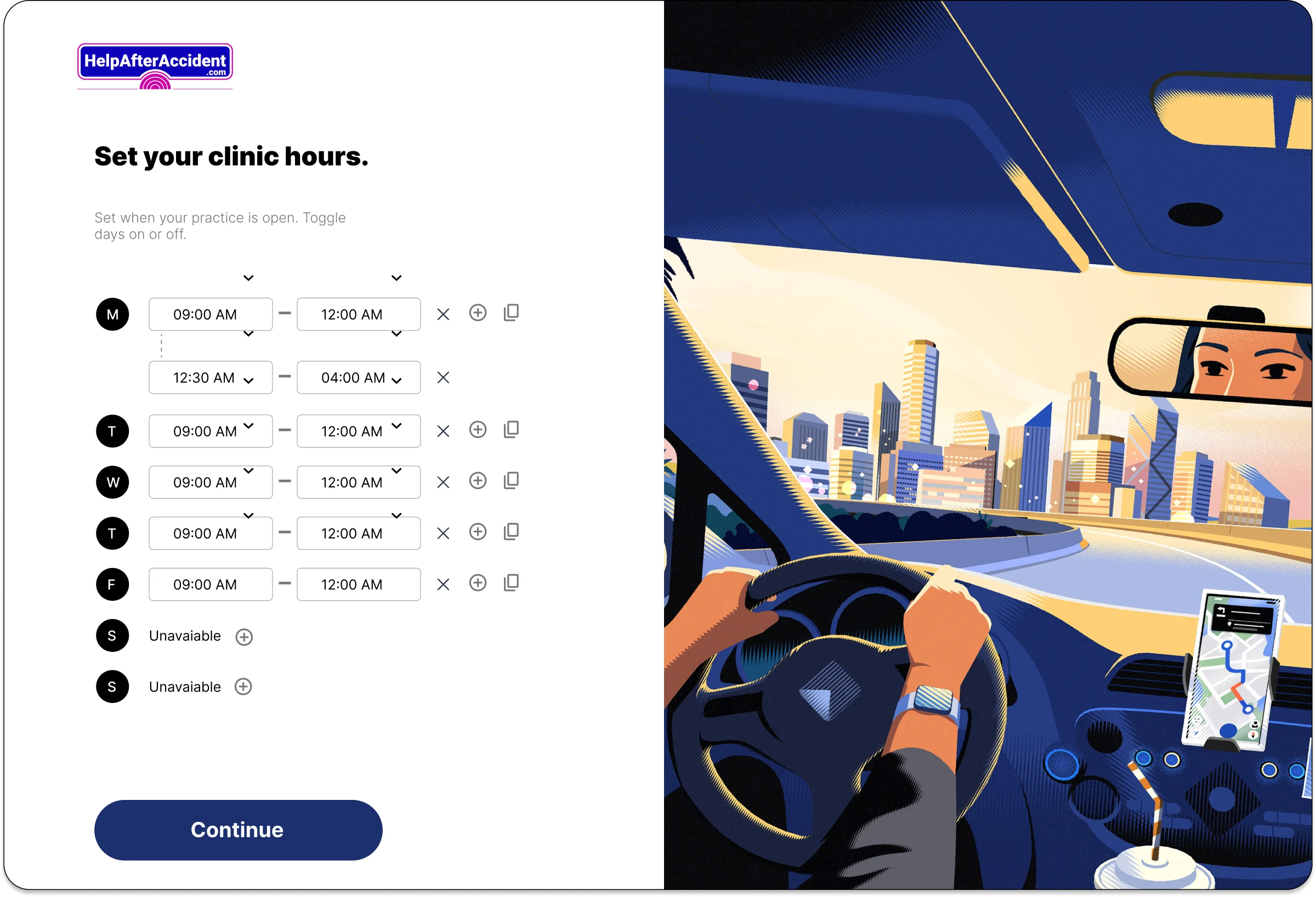 Before: Clinic hours, dropdown per day