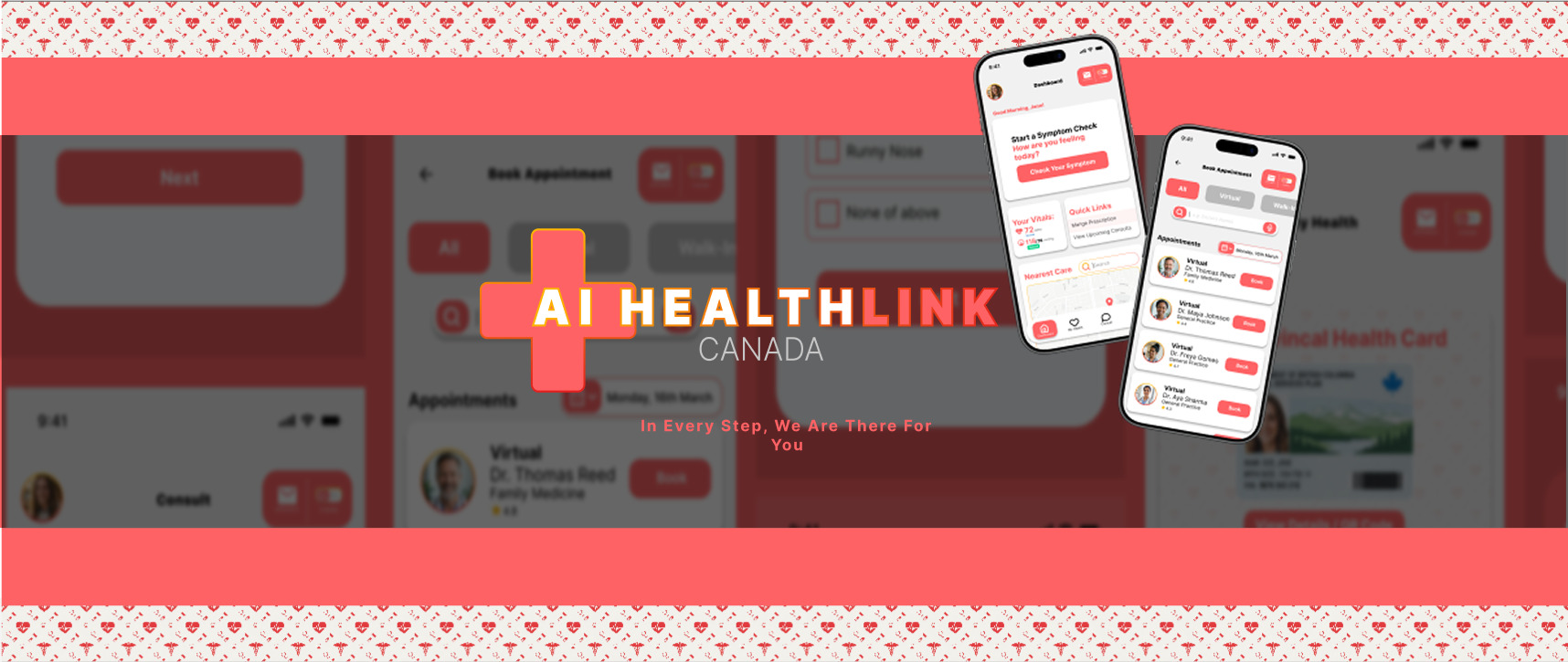 AI HealthLink Canada cover: symptom check and appointment screens over a red background