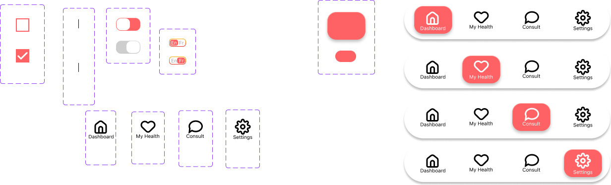 Checkbox, toggle, and four-state bottom navigation components from the shared library