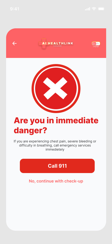 The safety gate screen, asking whether the user is in immediate danger before anything else