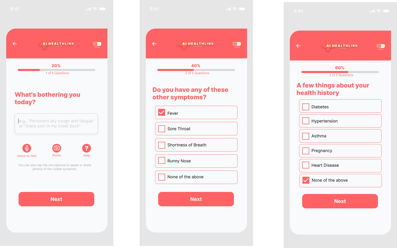 Triage screens one to three: what's bothering you, related symptoms, and health history