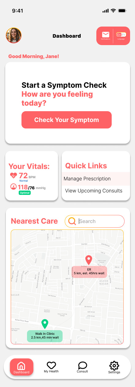 The home dashboard with its four entry points: Dashboard, My Health, Consult, and Settings