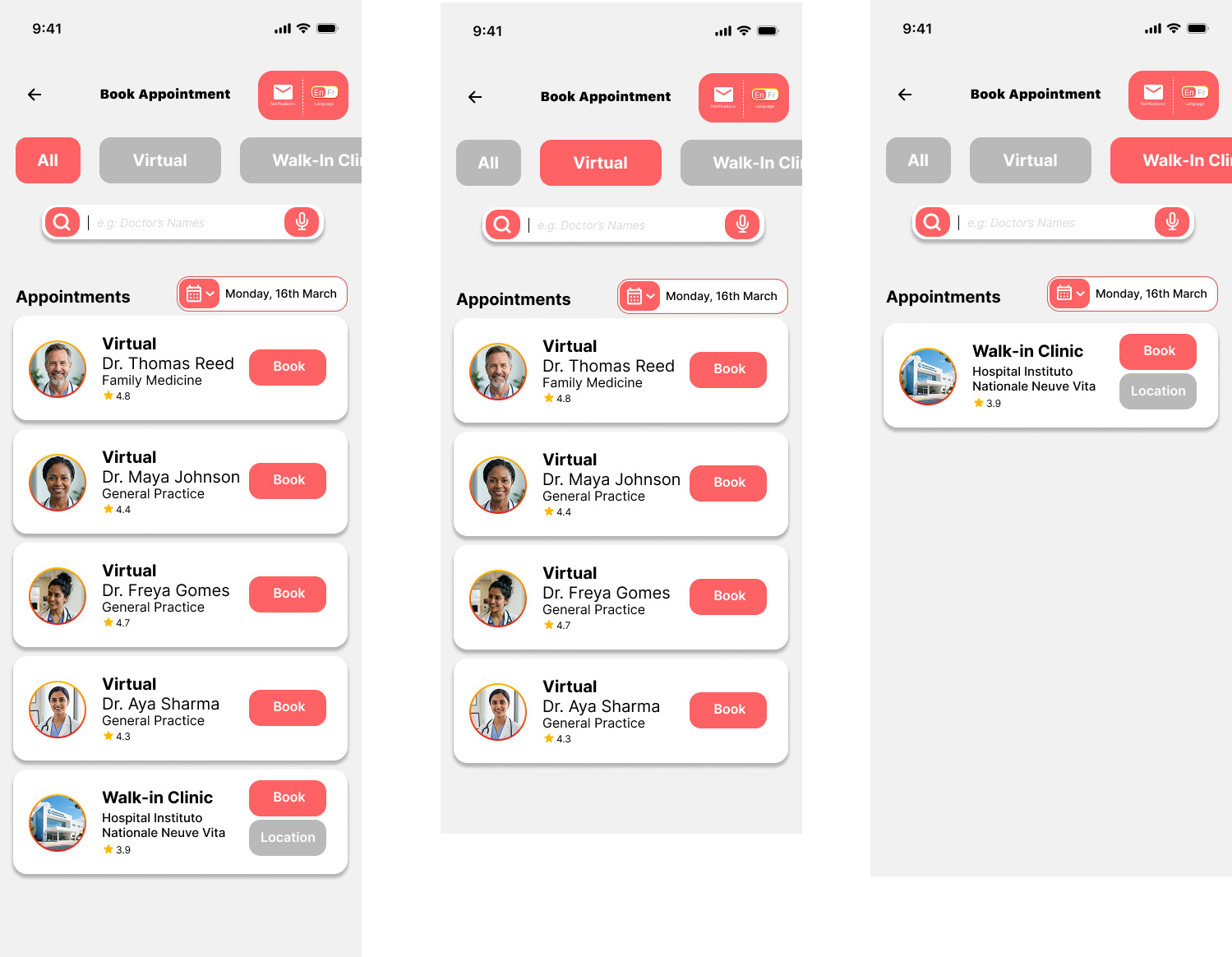 Appointment booking split by virtual and walk-in care, shown across three filter states