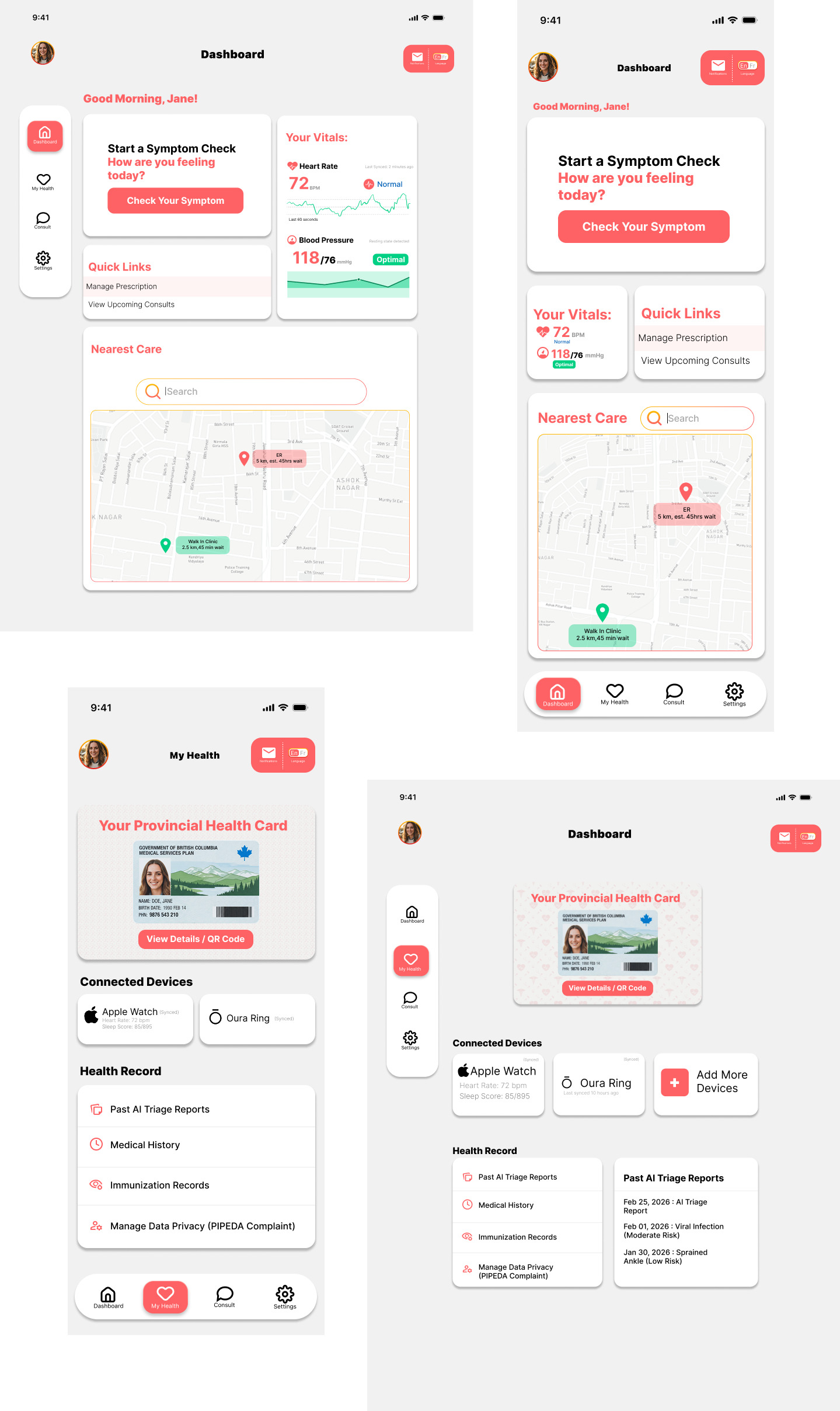 The dashboard and health vault adapted from phone to tablet, with the bottom nav becoming a sidebar