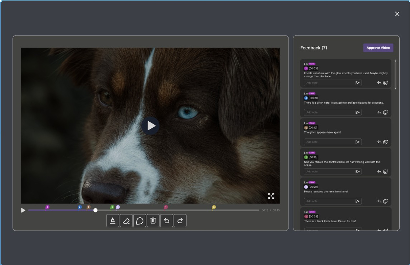 The timestamped review room: video player, pinned comment thread, and the Approve Video action