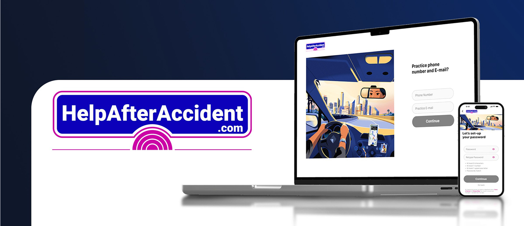HelpAfterAccident.com cover: desktop and phone signup screens over a dark blue background