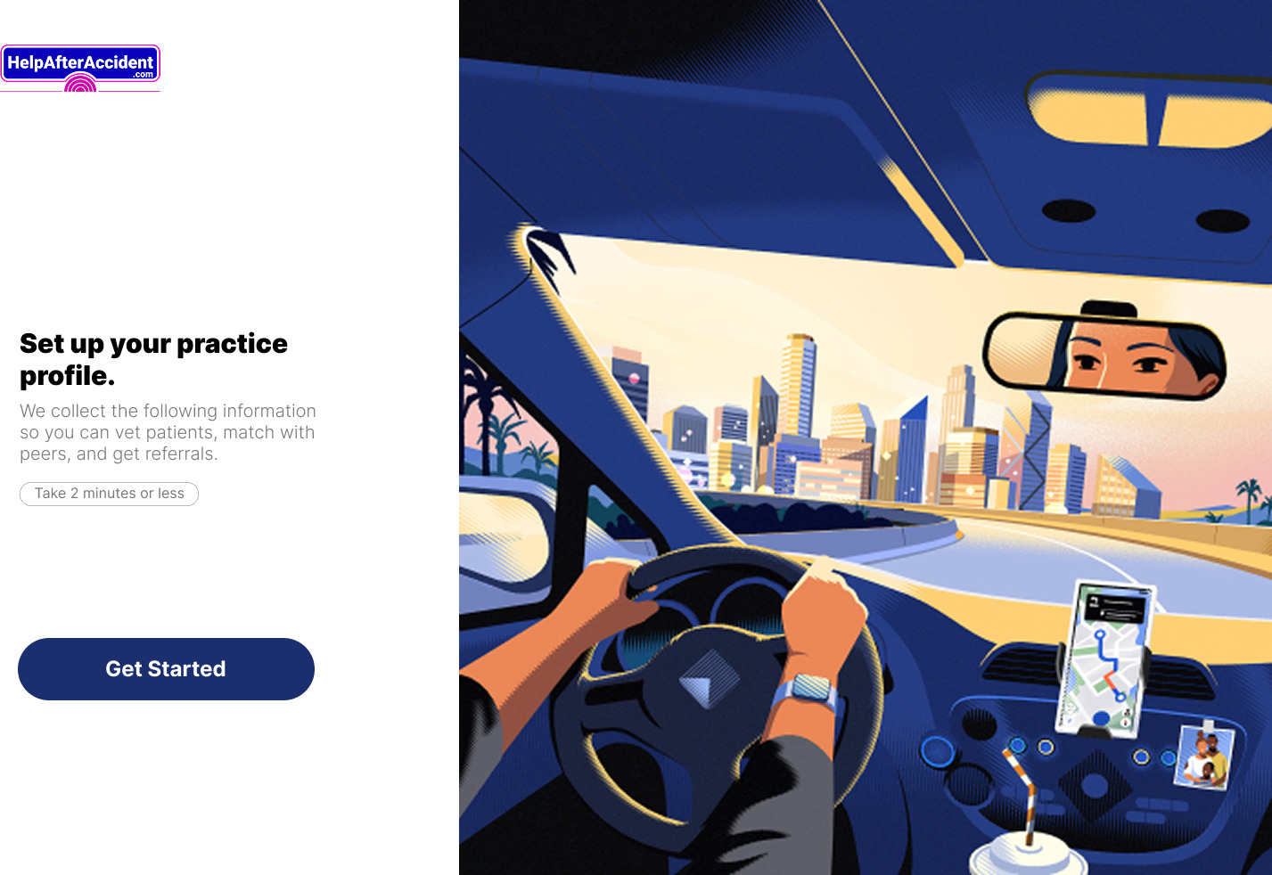 Practice profile setup screen with a two-minute promise, beside a brand illustration of a driver approaching a city