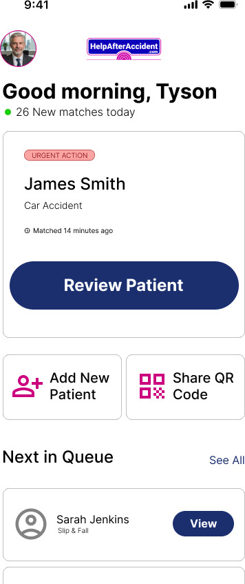 The professional's day-one dashboard with urgent patient matches and a patient queue
