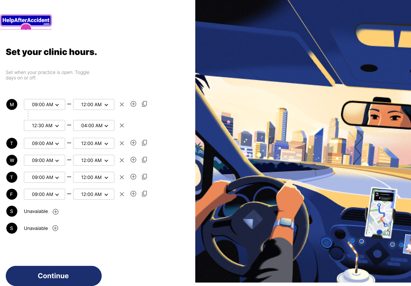 First iteration of the clinic hours screen, a dropdown time picker for every day of the week