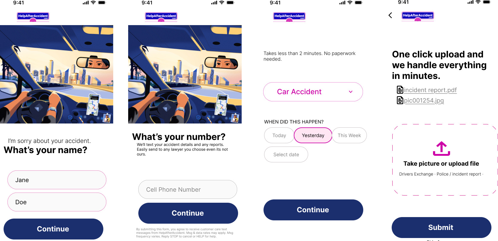 One-click and self intake screens: name capture, phone number, incident timing, and one-click upload