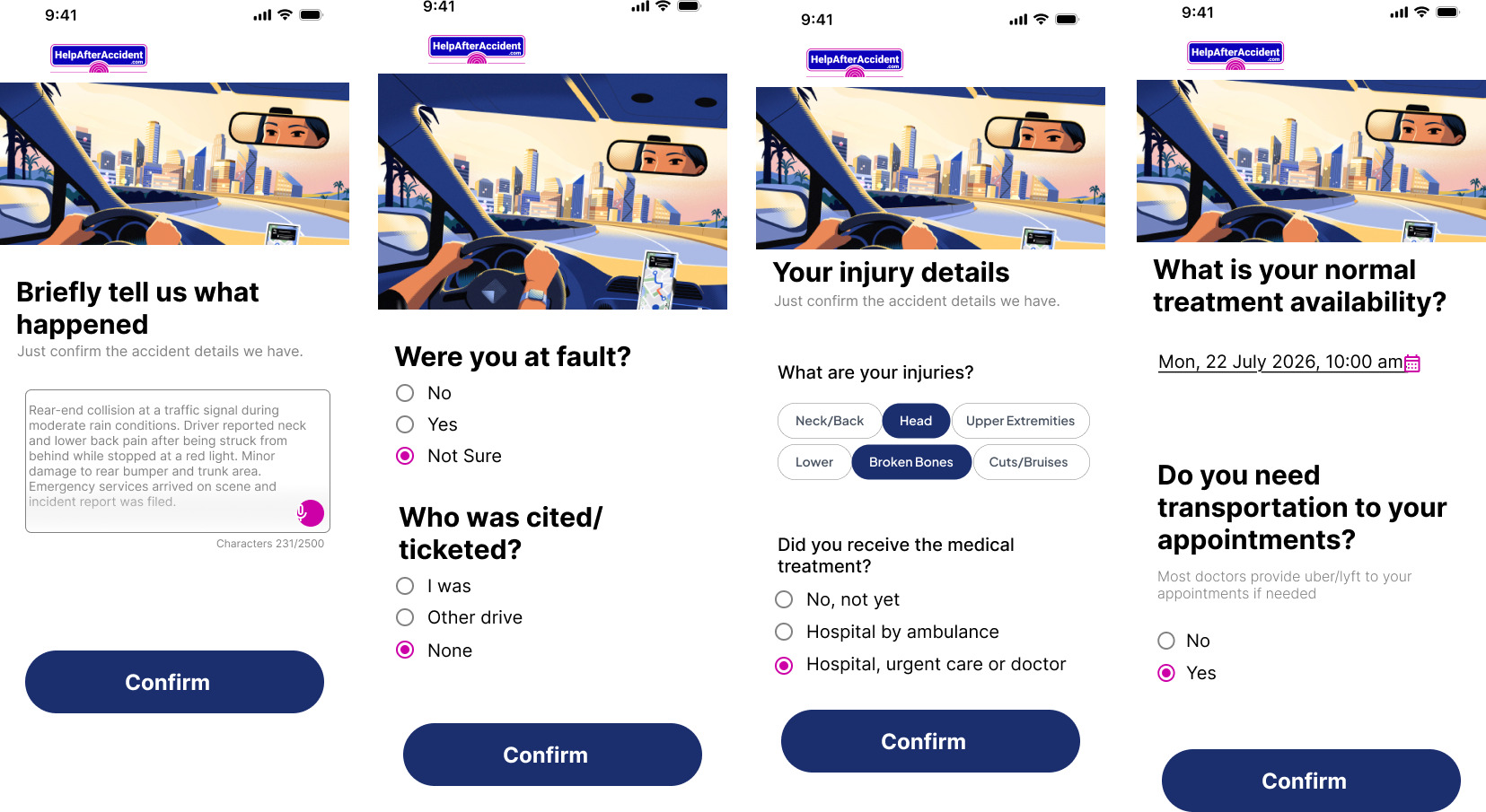 Phone intake screens: what happened, fault and citation questions, injury details, and treatment availability