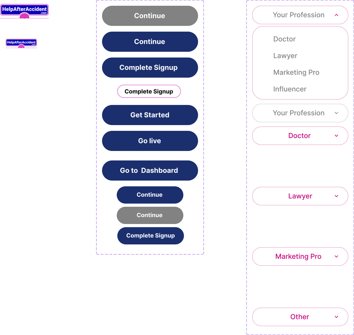 The shared component library: button variants and the profession selector in each of its states