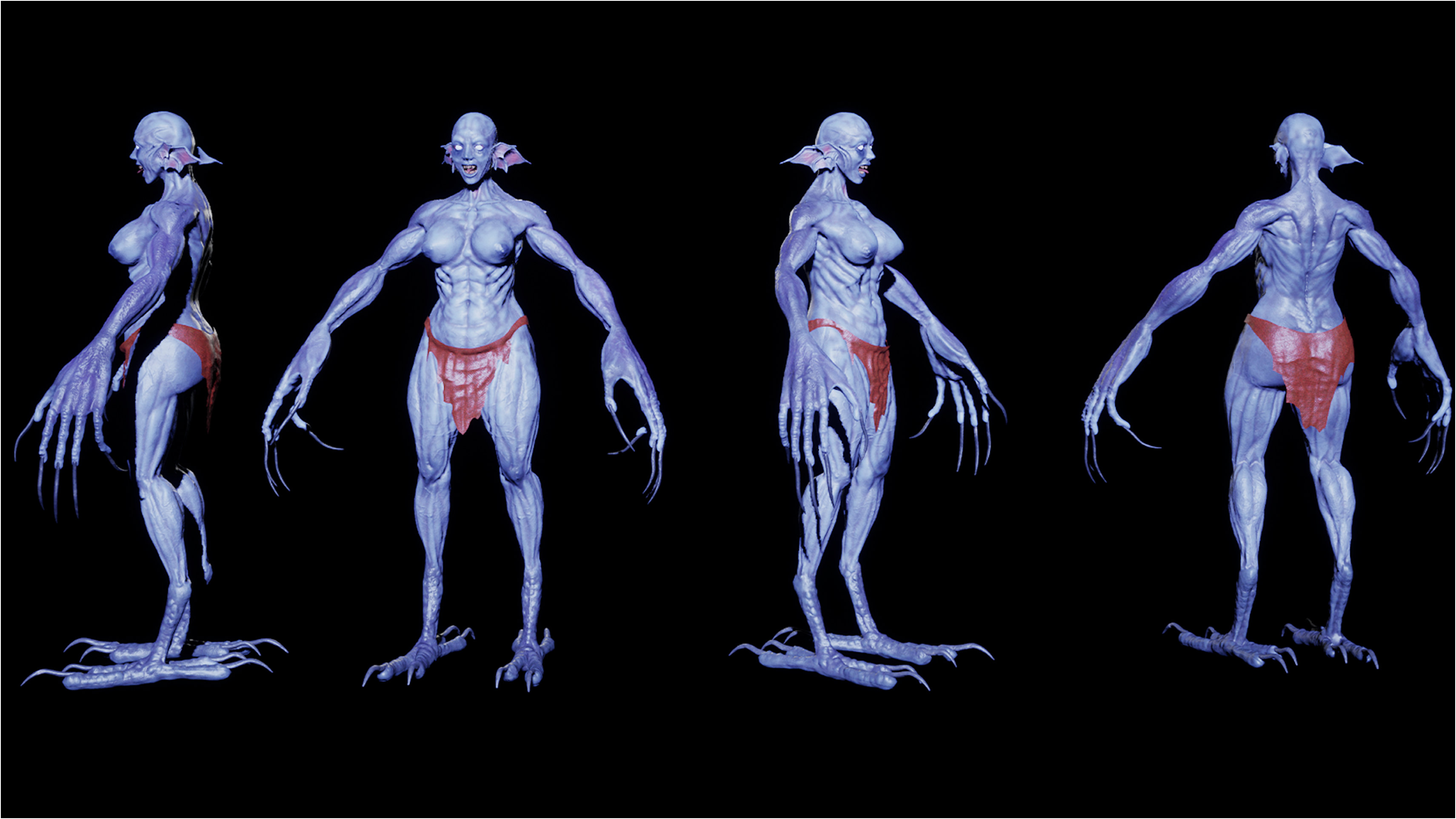 3D Monster character turnaround, four angles of a sculpted creature on black