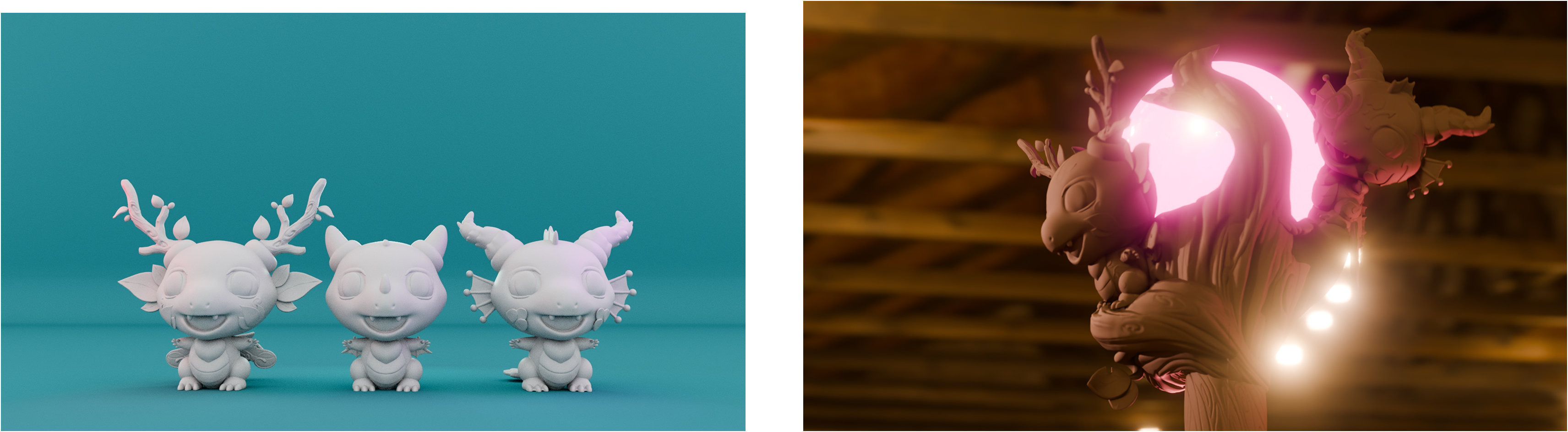 3D Tiny Dragon renders: a three-figurine set and a glowing creature sculpt in a lit interior