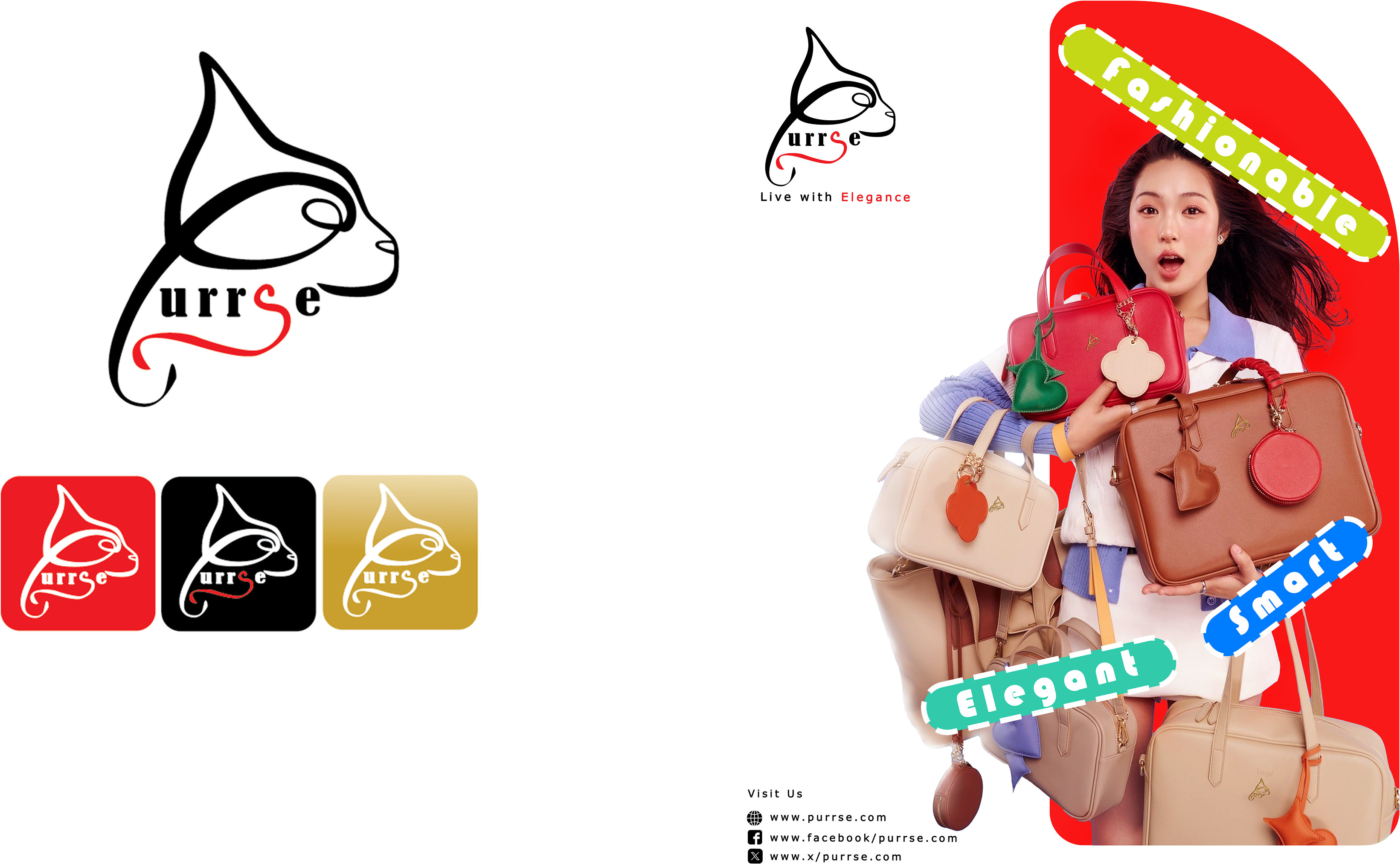 Purrse brand identity: the cat-silhouette logotype, colour marks, and the fashion ad campaign key visual