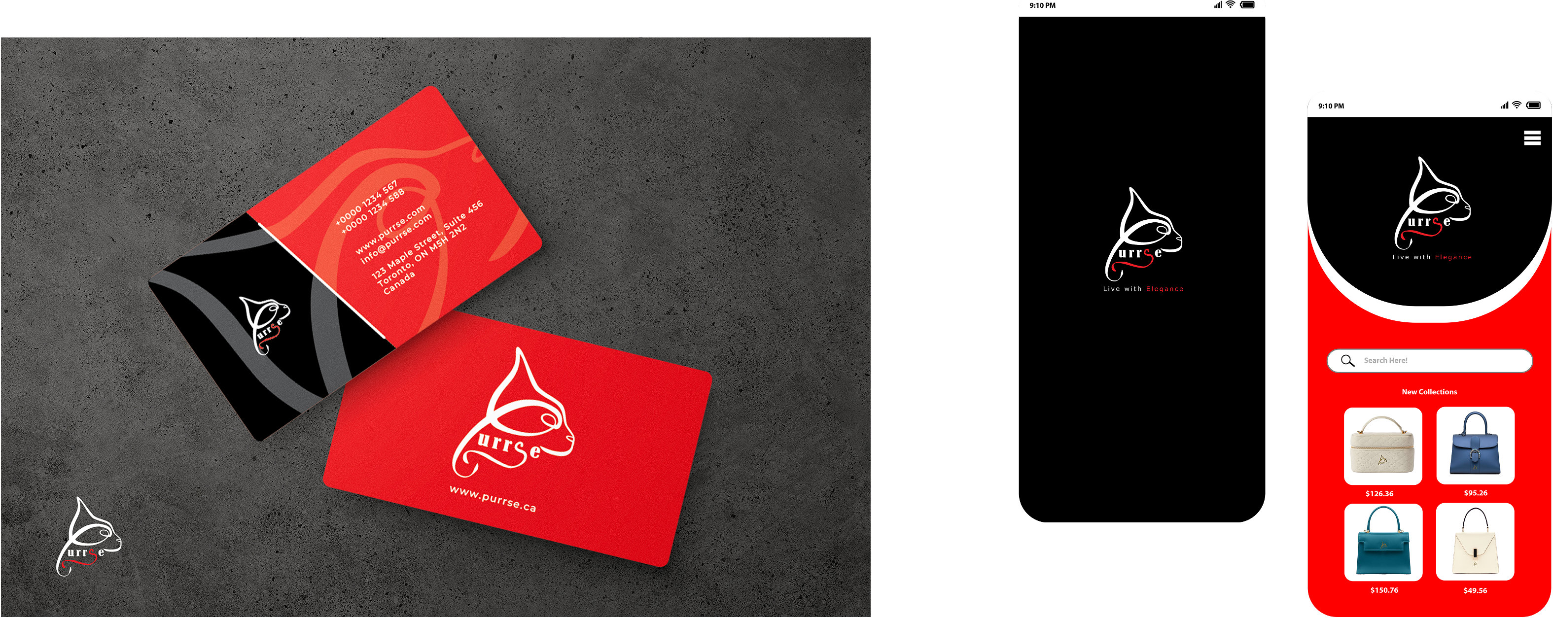 Purrse business cards on concrete, and the mobile app splash and shop screens