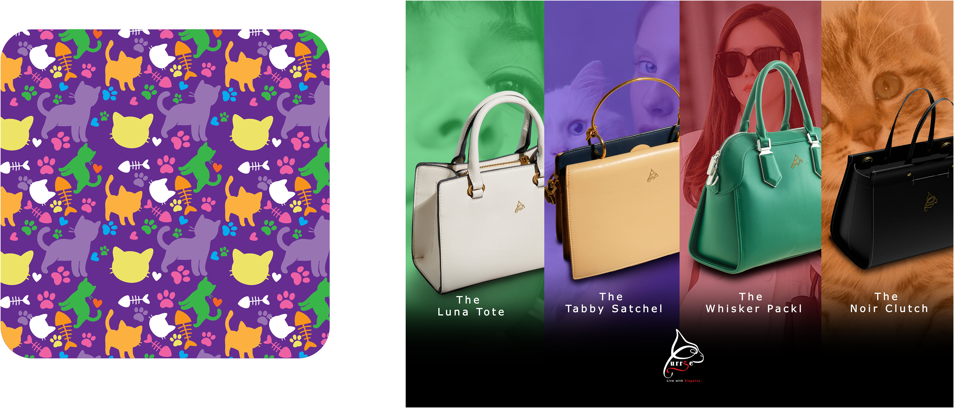 Purrse packaging pattern of cats and fish bones, and the four-bag product line-up
