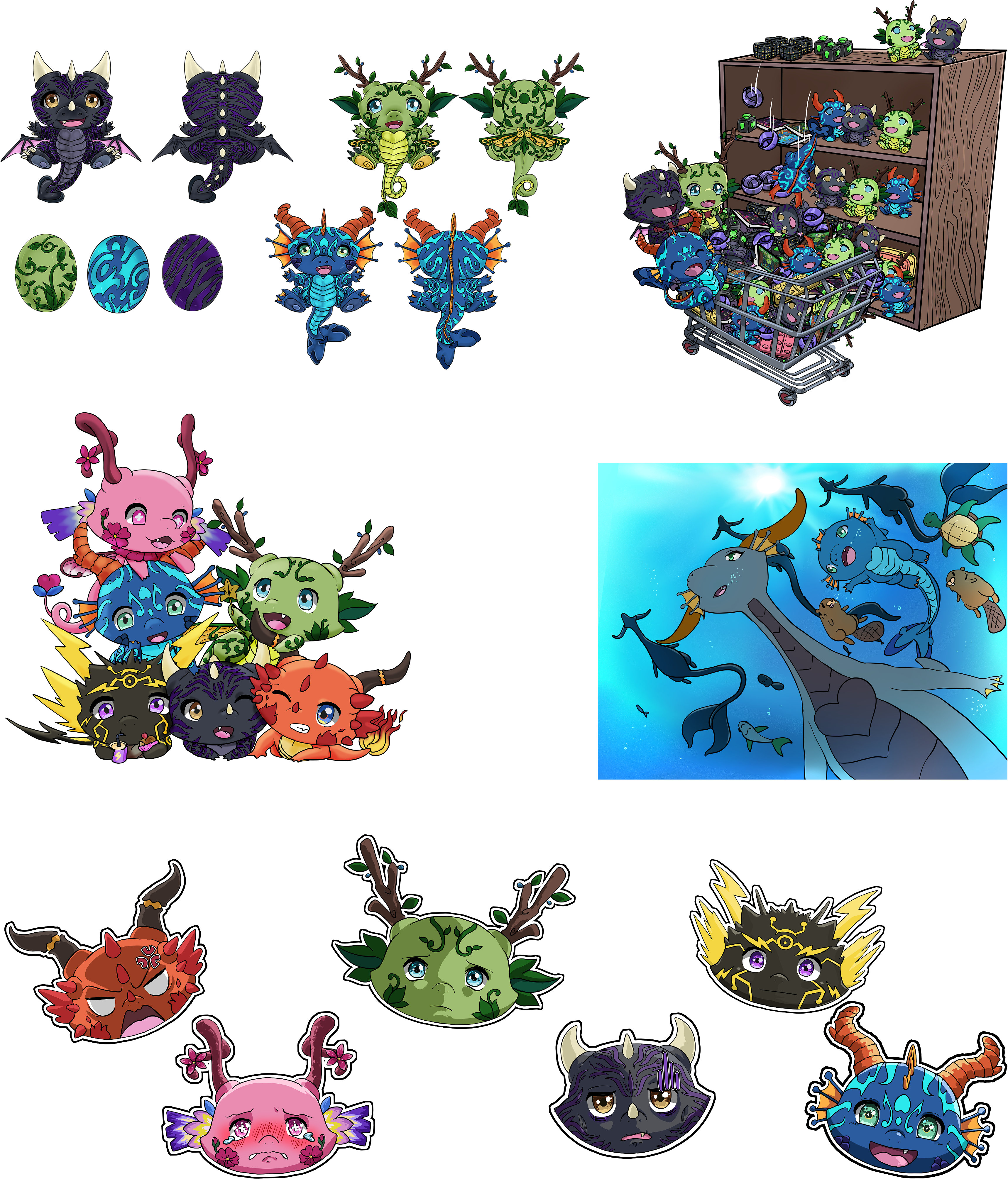 The Tiny Dragon Series: original creature character designs, turnarounds, a full collection display, and a set of sticker faces
