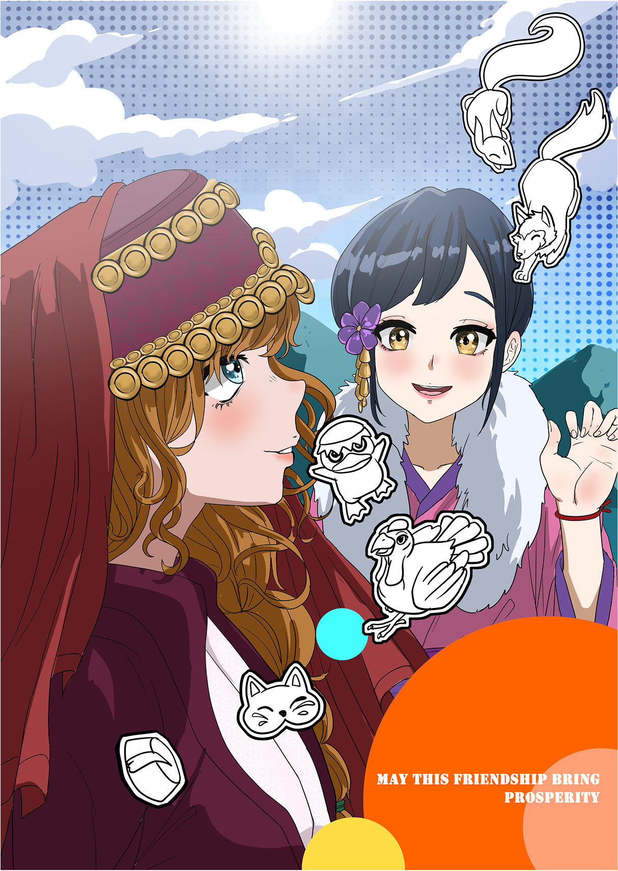 Turkey-Japan Friendship Anniversary illustration: two characters in traditional dress with cat and rabbit motifs